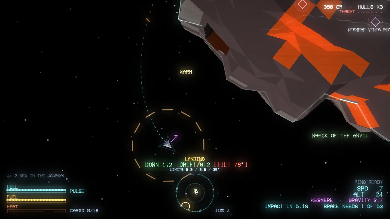 The Kestrel hovering above a rocky world, a survey ping labelling a wreck and a warm patch.