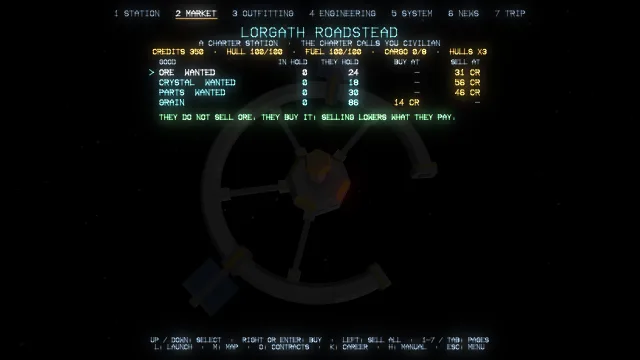 A station's market page, listing goods, stock held and prices in credits.