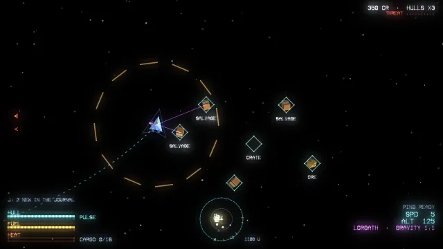 Salvage, a crate and ore drifting near the Kestrel, each marked and labelled.